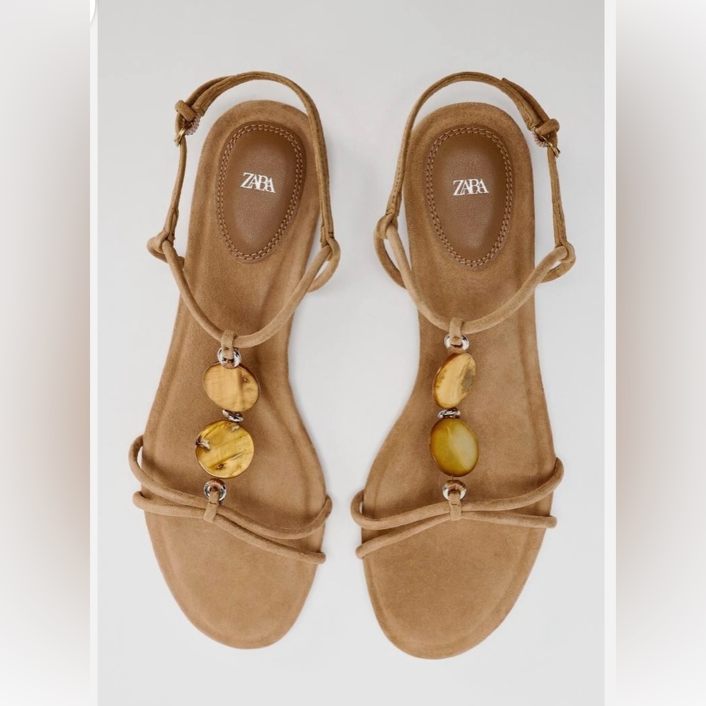 ZARA tan genuine suede sandals with gem detailing NEW, size 40